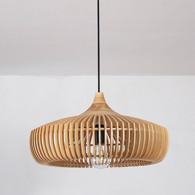 Traditional Japanese Round Wood 1-Light Pendant Light For Living Room