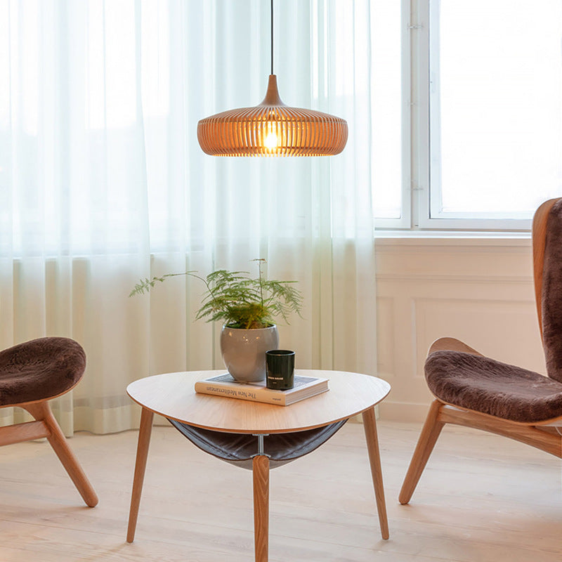 Traditional Japanese Round Wood 1-Light Pendant Light For Living Room