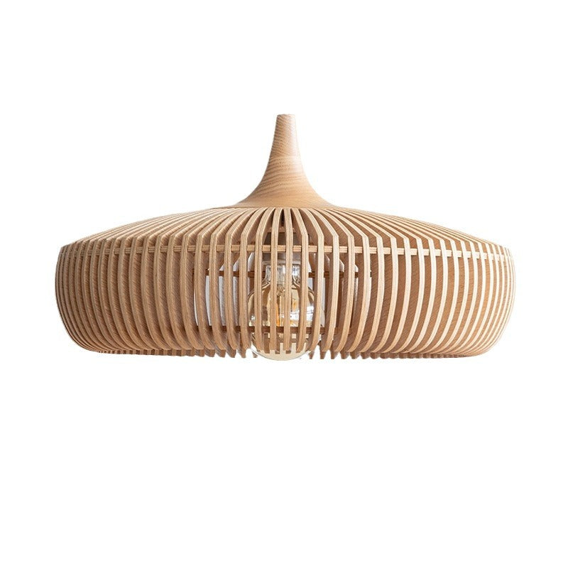 Traditional Japanese Round Wood 1-Light Pendant Light For Living Room