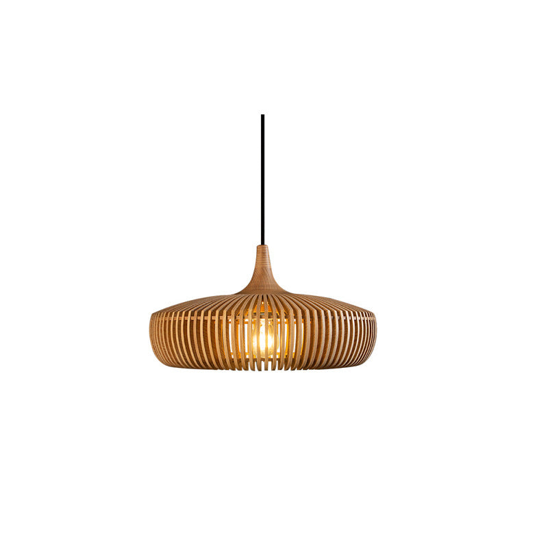 Traditional Japanese Round Wood 1-Light Pendant Light For Living Room
