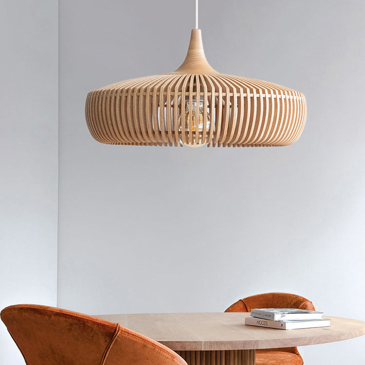 Traditional Japanese Round Wood 1-Light Pendant Light For Living Room