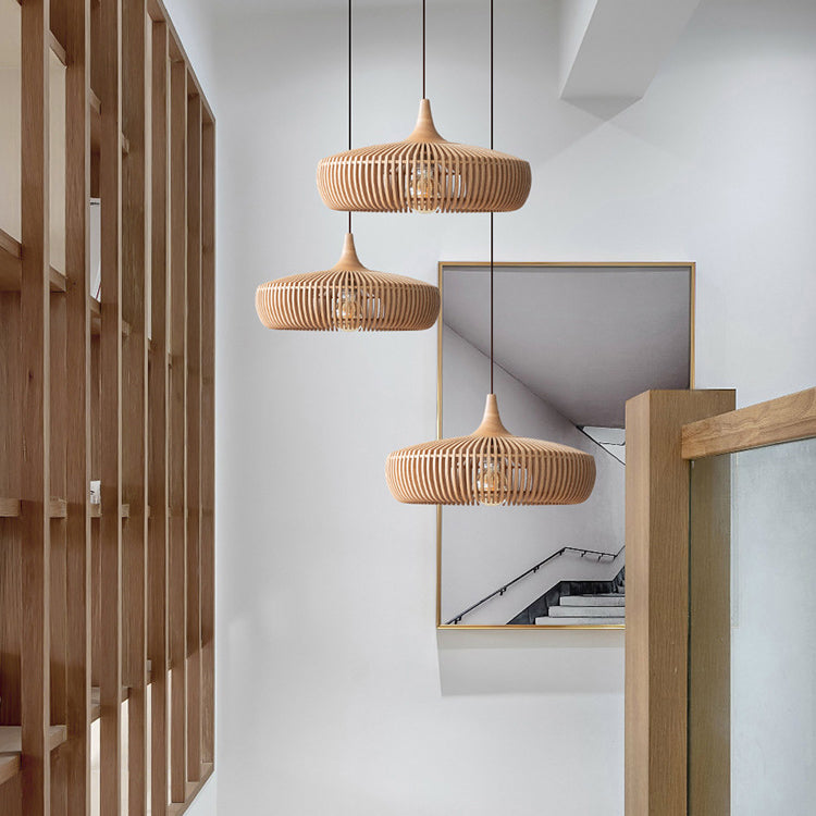 Traditional Japanese Round Wood 1-Light Pendant Light For Living Room