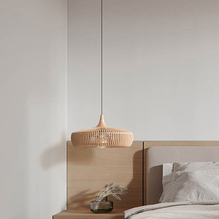 Traditional Japanese Round Wood 1-Light Pendant Light For Living Room