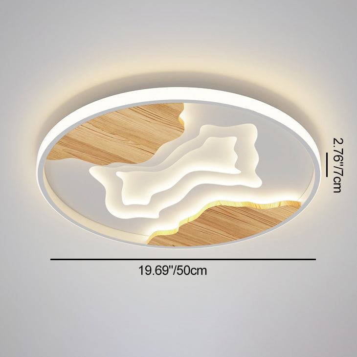 Contemporary Scandinavian Round Rubberwood Acrylic LED Flush Mount Ceiling Light For Bedroom