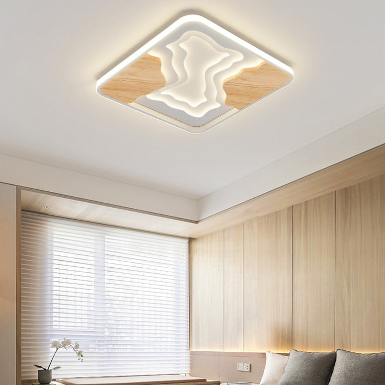 Contemporary Scandinavian Round Rubberwood Acrylic LED Flush Mount Ceiling Light For Bedroom