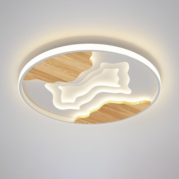 Contemporary Scandinavian Round Rubberwood Acrylic LED Flush Mount Ceiling Light For Bedroom