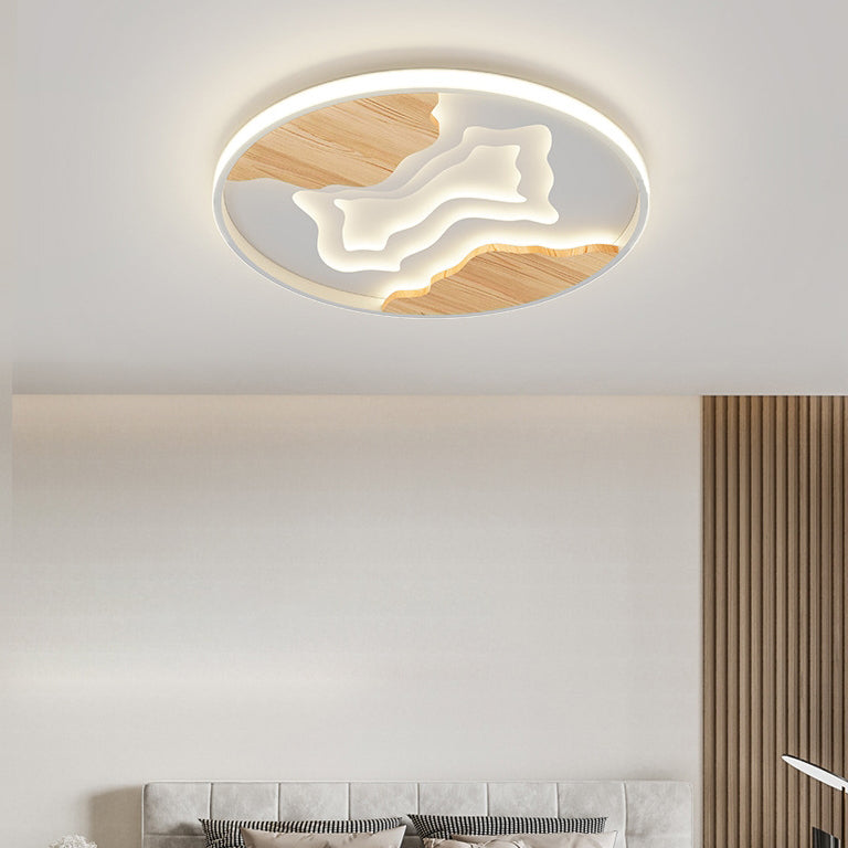 Contemporary Scandinavian Round Rubberwood Acrylic LED Flush Mount Ceiling Light For Bedroom