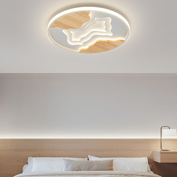 Contemporary Scandinavian Round Rubberwood Acrylic LED Flush Mount Ceiling Light For Bedroom