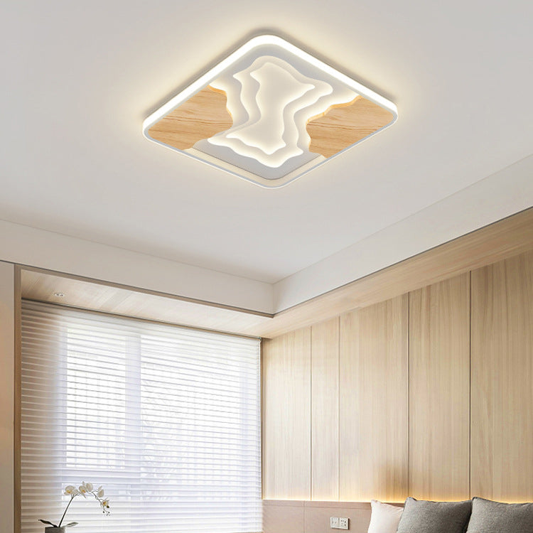 Contemporary Scandinavian Round Rubberwood Acrylic LED Flush Mount Ceiling Light For Bedroom