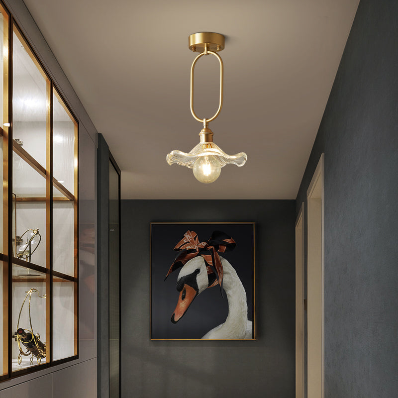Modern Minimalist Flower Iron Glass 1-Light Semi-Flush Mount Ceiling Light For Hallway