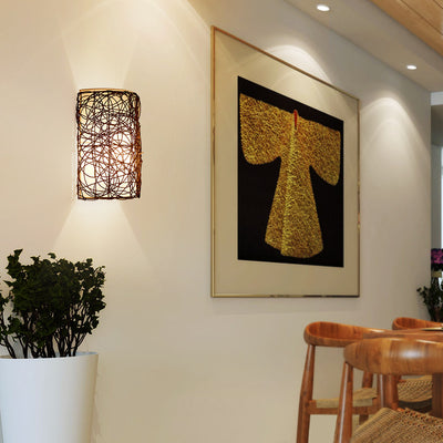 Traditional Rustic Rectangular Rattan PVC 1-Light Wall Sconce Lamp For Living Room