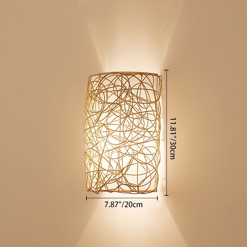 Traditional Rustic Rectangular Rattan PVC 1-Light Wall Sconce Lamp For Living Room