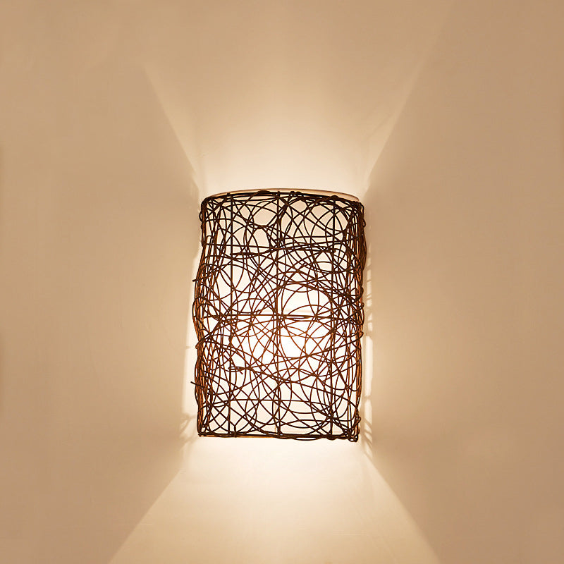 Traditional Rustic Rectangular Rattan PVC 1-Light Wall Sconce Lamp For Living Room