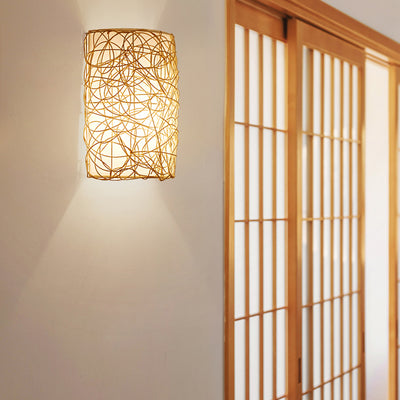 Traditional Rustic Rectangular Rattan PVC 1-Light Wall Sconce Lamp For Living Room