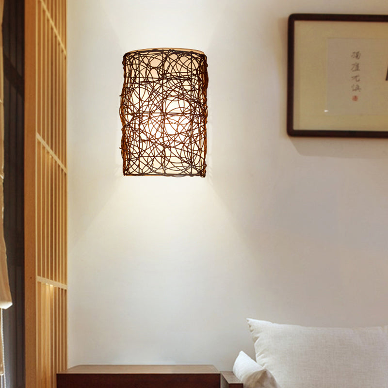 Traditional Rustic Rectangular Rattan PVC 1-Light Wall Sconce Lamp For Living Room