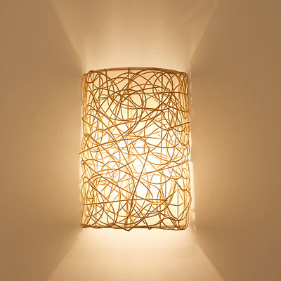 Traditional Rustic Rectangular Rattan PVC 1-Light Wall Sconce Lamp For Living Room