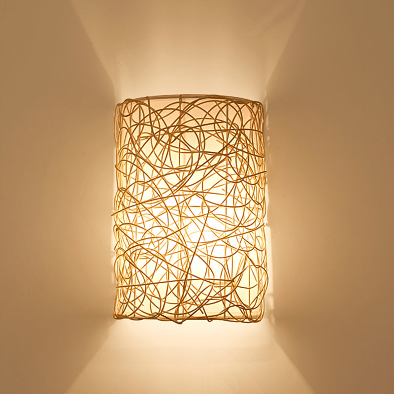 Traditional Rustic Rectangular Rattan PVC 1-Light Wall Sconce Lamp For Living Room