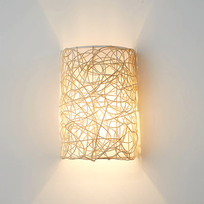 Traditional Rustic Rectangular Rattan PVC 1-Light Wall Sconce Lamp For Living Room