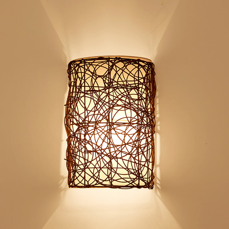 Traditional Rustic Rectangular Rattan PVC 1-Light Wall Sconce Lamp For Living Room