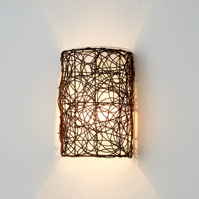 Traditional Rustic Rectangular Rattan PVC 1-Light Wall Sconce Lamp For Living Room