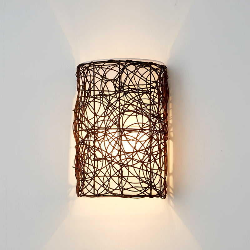 Traditional Rustic Rectangular Rattan PVC 1-Light Wall Sconce Lamp For Living Room