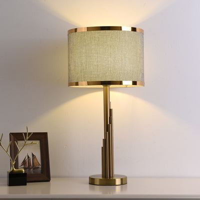 Modern Luxury Cylinder Metal Fabric 1-Light Table Lamp For Bedroom