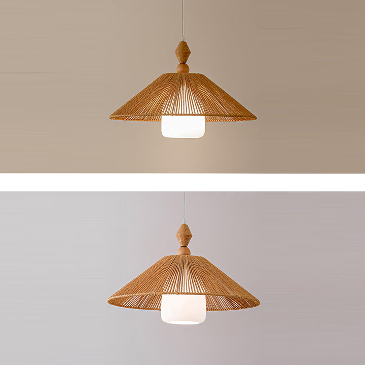 Traditional Japanese Cone Wood Paper Rope 1-Light Pendant Light For Living Room