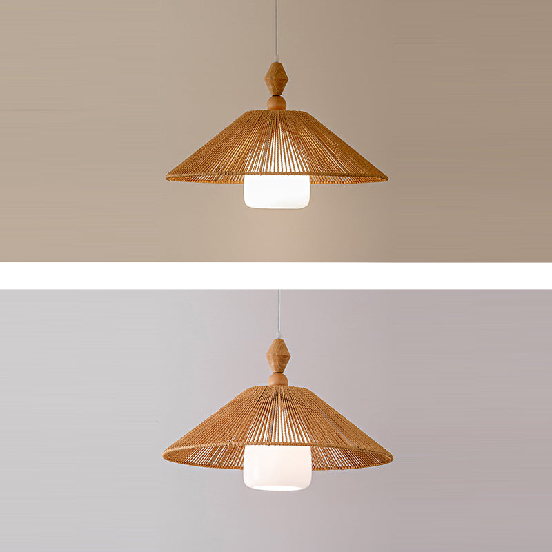 Suspension lumineuse à 1 lumière en bois, papier et corde en forme de cône japonais traditionnel pour salon 