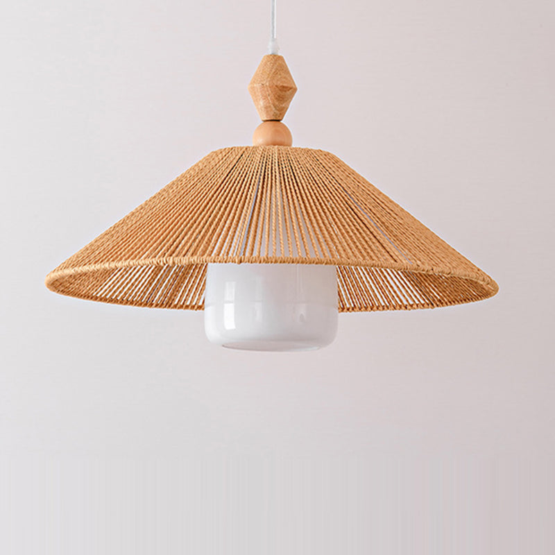 Suspension lumineuse à 1 lumière en bois, papier et corde en forme de cône japonais traditionnel pour salon 