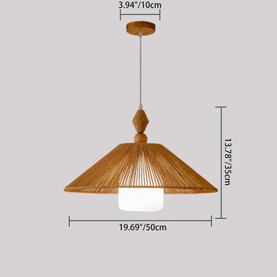 Suspension lumineuse à 1 lumière en bois, papier et corde en forme de cône japonais traditionnel pour salon 