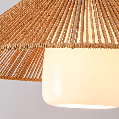 Suspension lumineuse à 1 lumière en bois, papier et corde en forme de cône japonais traditionnel pour salon 