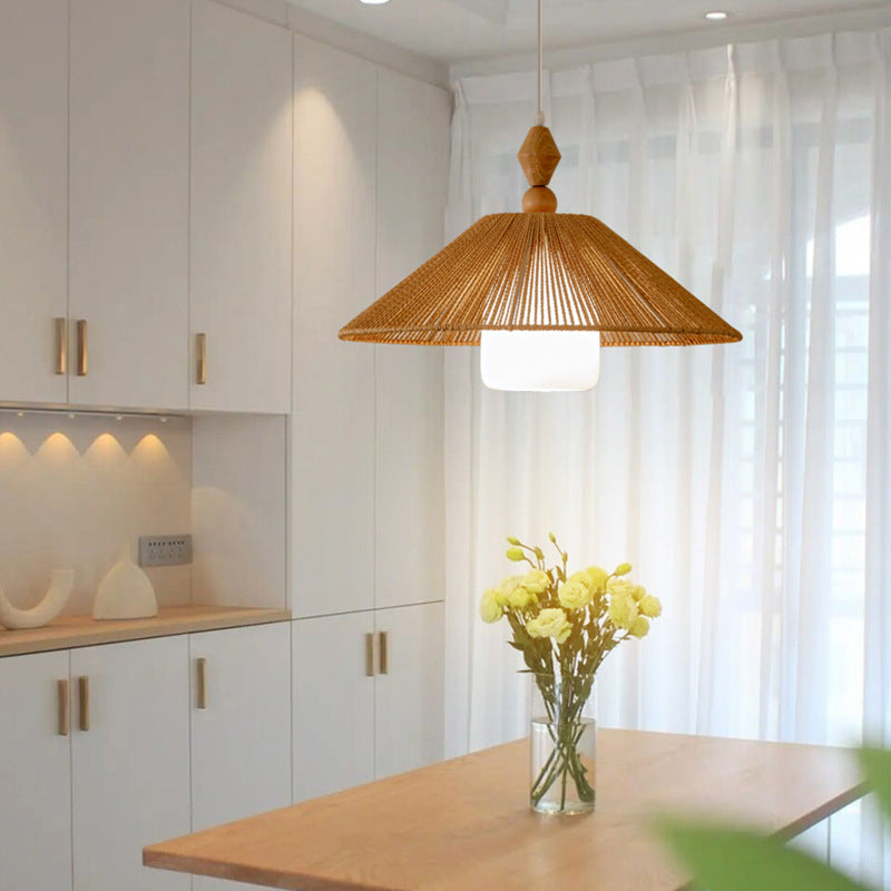Suspension lumineuse à 1 lumière en bois, papier et corde en forme de cône japonais traditionnel pour salon 
