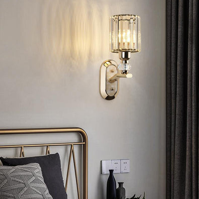 Modern Luxury Cylinder Metal Crystal 1-Light Wall Sconce Lamp For Bedroom