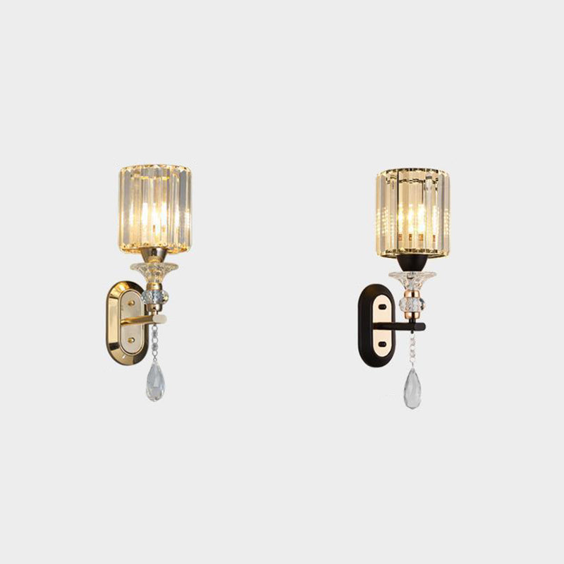 Modern Luxury Cylinder Metal Crystal 1-Light Wall Sconce Lamp For Bedroom