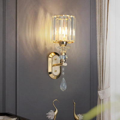 Modern Luxury Cylinder Metal Crystal 1-Light Wall Sconce Lamp For Bedroom