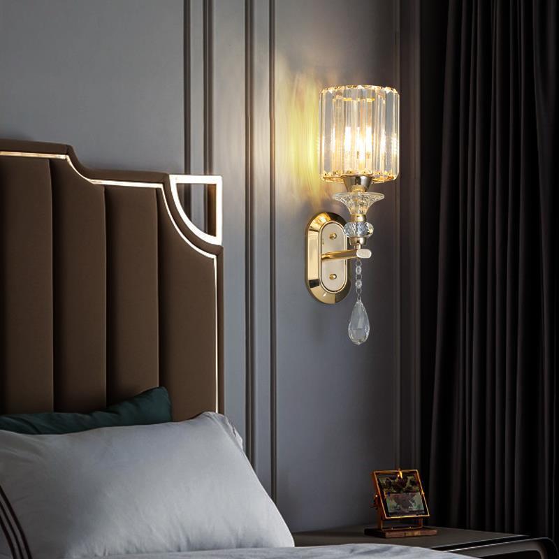 Modern Luxury Cylinder Metal Crystal 1-Light Wall Sconce Lamp For Bedroom