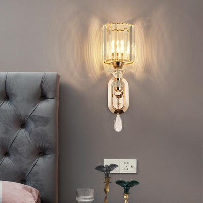 Modern Luxury Cylinder Metal Crystal 1-Light Wall Sconce Lamp For Bedroom