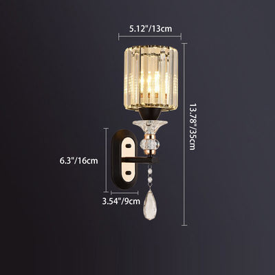 Modern Luxury Cylinder Metal Crystal 1-Light Wall Sconce Lamp For Bedroom