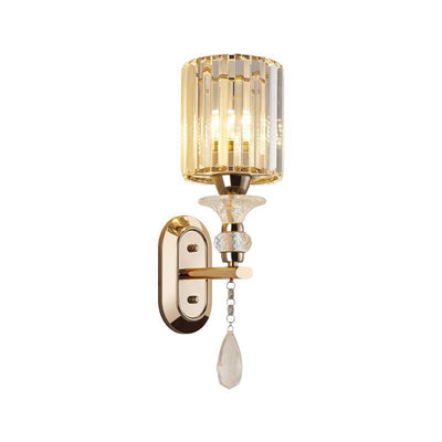 Modern Luxury Cylinder Metal Crystal 1-Light Wall Sconce Lamp For Bedroom