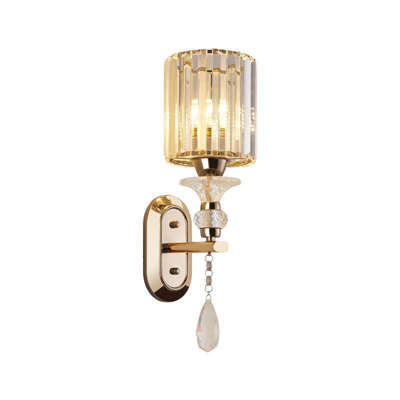Modern Luxury Cylinder Metal Crystal 1-Light Wall Sconce Lamp For Bedroom