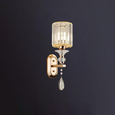 Modern Luxury Cylinder Metal Crystal 1-Light Wall Sconce Lamp For Bedroom