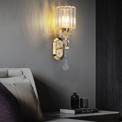 Modern Luxury Cylinder Metal Crystal 1-Light Wall Sconce Lamp For Bedroom