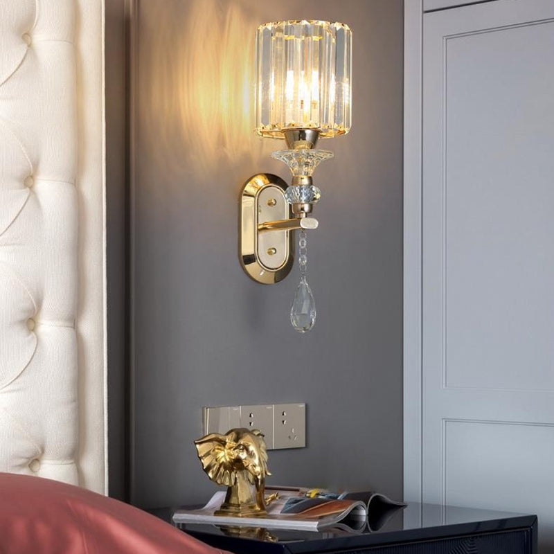 Modern Luxury Cylinder Metal Crystal 1-Light Wall Sconce Lamp For Bedroom
