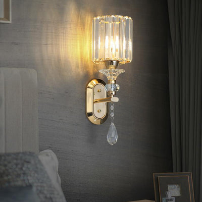 Modern Luxury Cylinder Metal Crystal 1-Light Wall Sconce Lamp For Bedroom