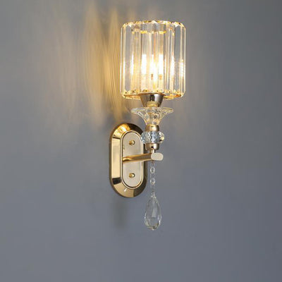 Modern Luxury Cylinder Metal Crystal 1-Light Wall Sconce Lamp For Bedroom