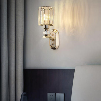 Modern Luxury Cylinder Metal Crystal 1-Light Wall Sconce Lamp For Bedroom