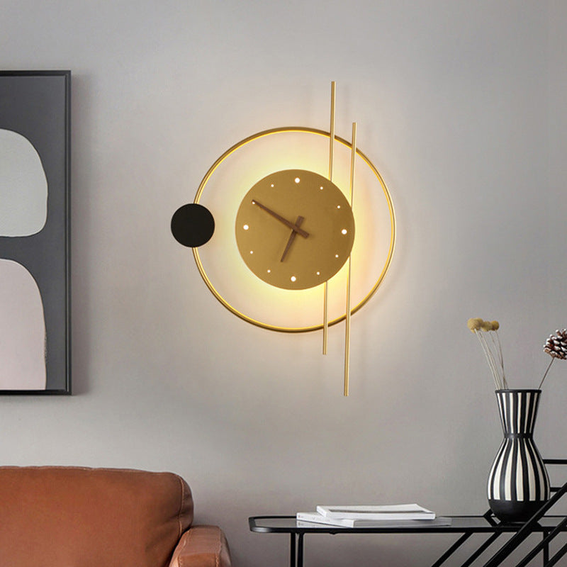 Modern Eclectic Clock Round Iron Acrylic Black Walnut Wood LED Wall Sconce Lamp For Living Room