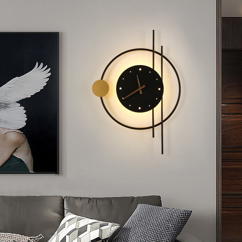 Modern Eclectic Clock Round Iron Acrylic Black Walnut Wood LED Wall Sconce Lamp For Living Room