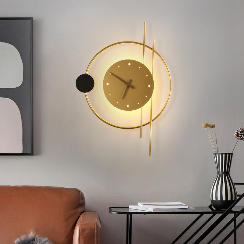 Modern Eclectic Clock Round Iron Acrylic Black Walnut Wood LED Wall Sconce Lamp For Living Room