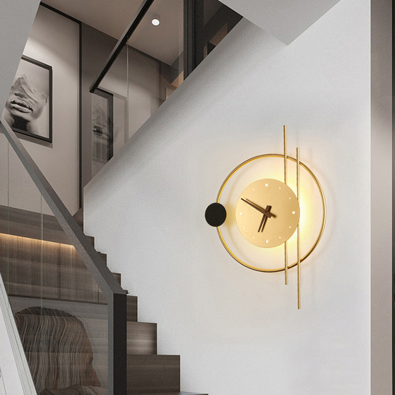 Modern Eclectic Clock Round Iron Acrylic Black Walnut Wood LED Wall Sconce Lamp For Living Room